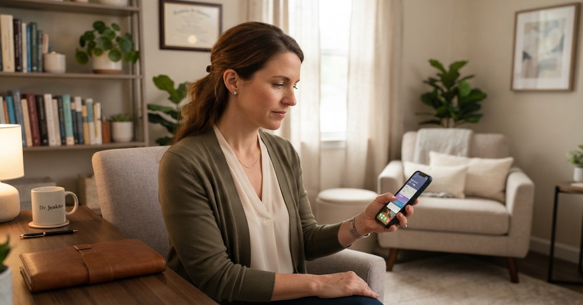 psychologist checking a mobile app on her phone at her office desk