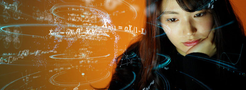 Mathematics concepts swirling around confused woman