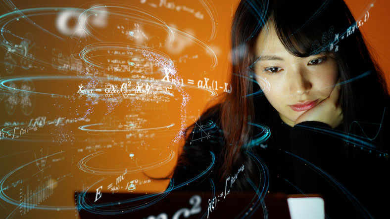 Mathematics concepts swirling around confused woman