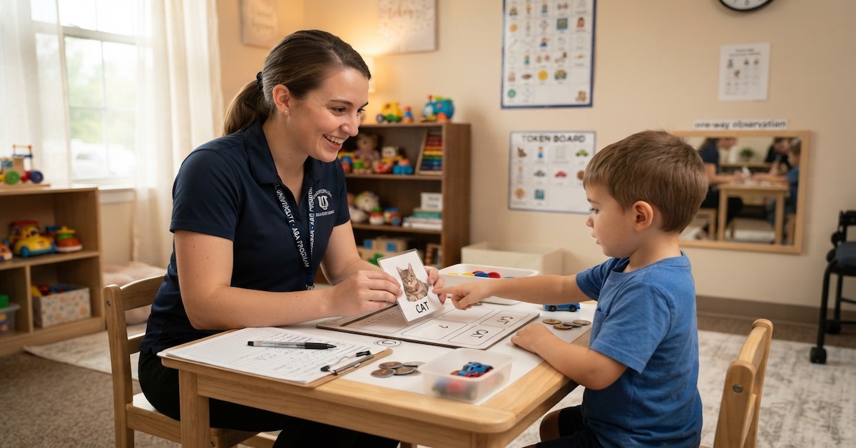 Graduate student practicing ABA techniques with a young child using picture cards