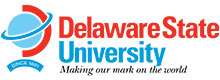 Delaware State University logo with red text, blue circular emblem, and the slogan 'Making our mark on the world'.