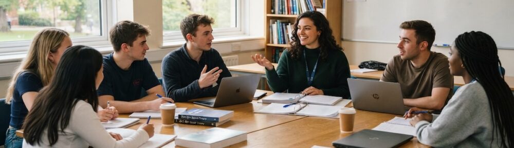 graduate teaching assistant leading a discussion section with students around a table