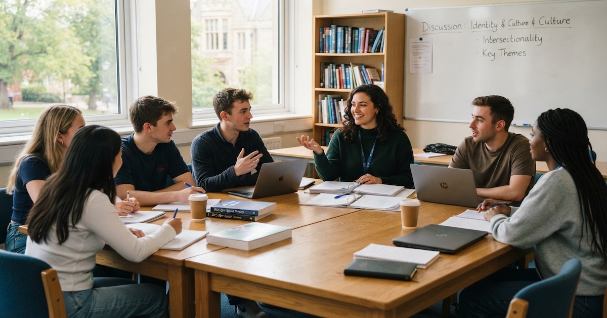graduate teaching assistant leading a discussion section with students around a table