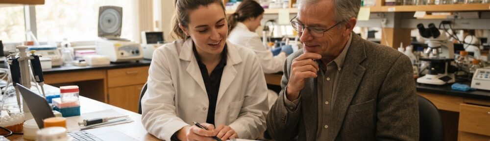 graduate student reviewing research notes with a faculty mentor in a university lab