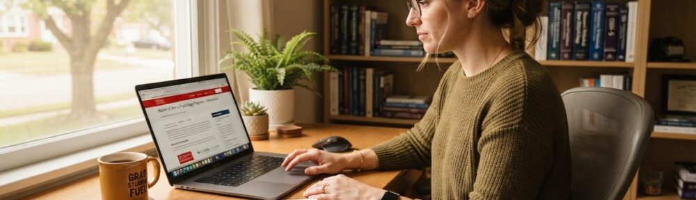 Graduate student reviewing a university psychology programs page on a laptop at a home desk