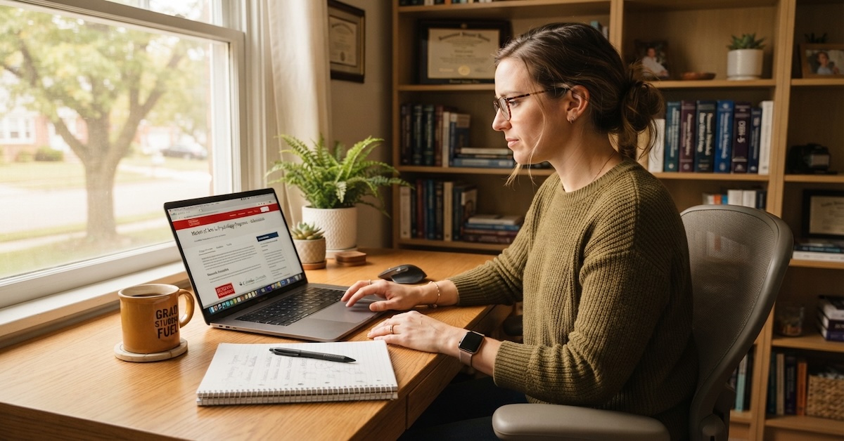 Graduate student reviewing a university psychology programs page on a laptop at a home desk