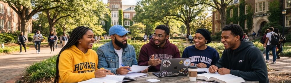 Five HBCU students studying together at an outdoor table on a tree-lined campus quad