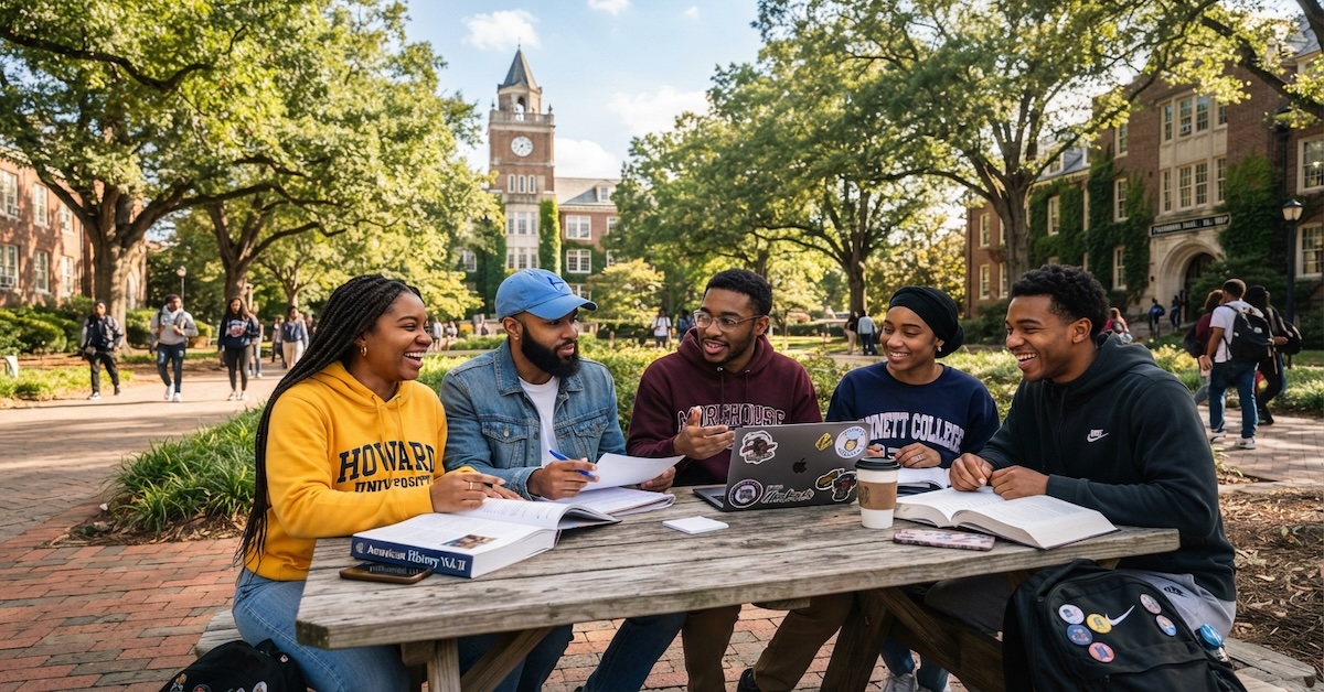 Five HBCU students studying together at an outdoor table on a tree-lined campus quad