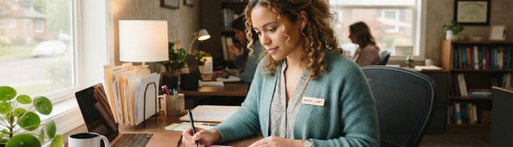Licensed mental health counselor reviewing paperwork at her desk in a community wellness center office