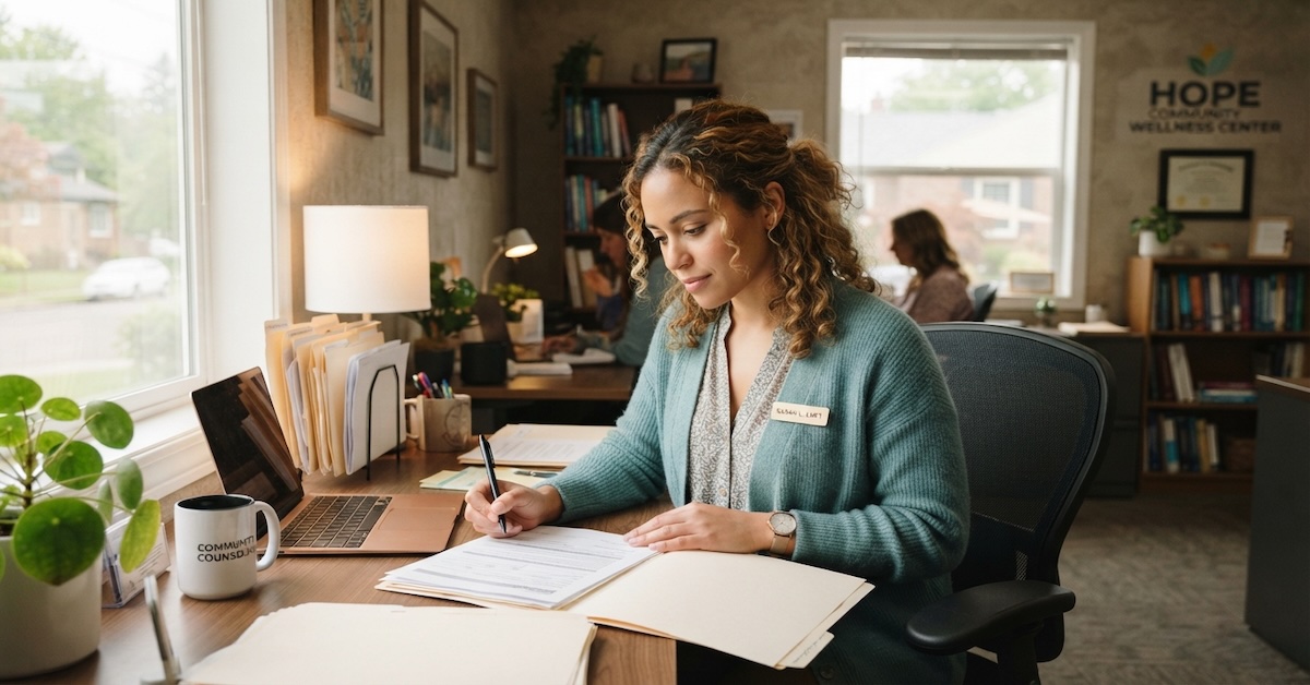 Licensed mental health counselor reviewing paperwork at her desk in a community wellness center office