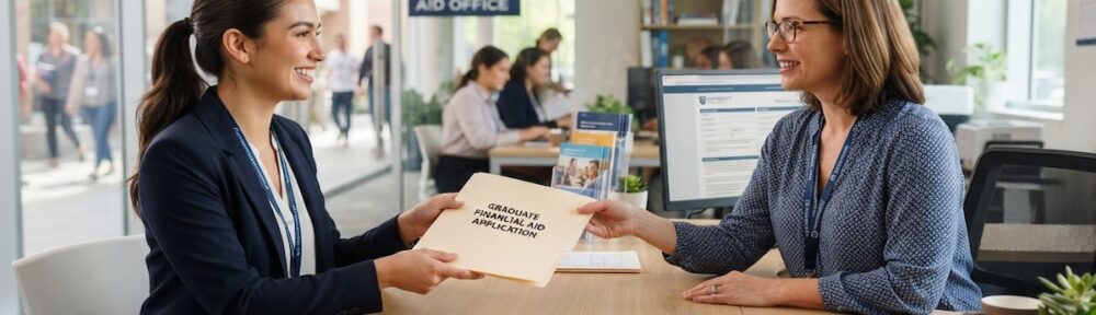 graduate student handing a financial aid application folder to an advisor in a campus office