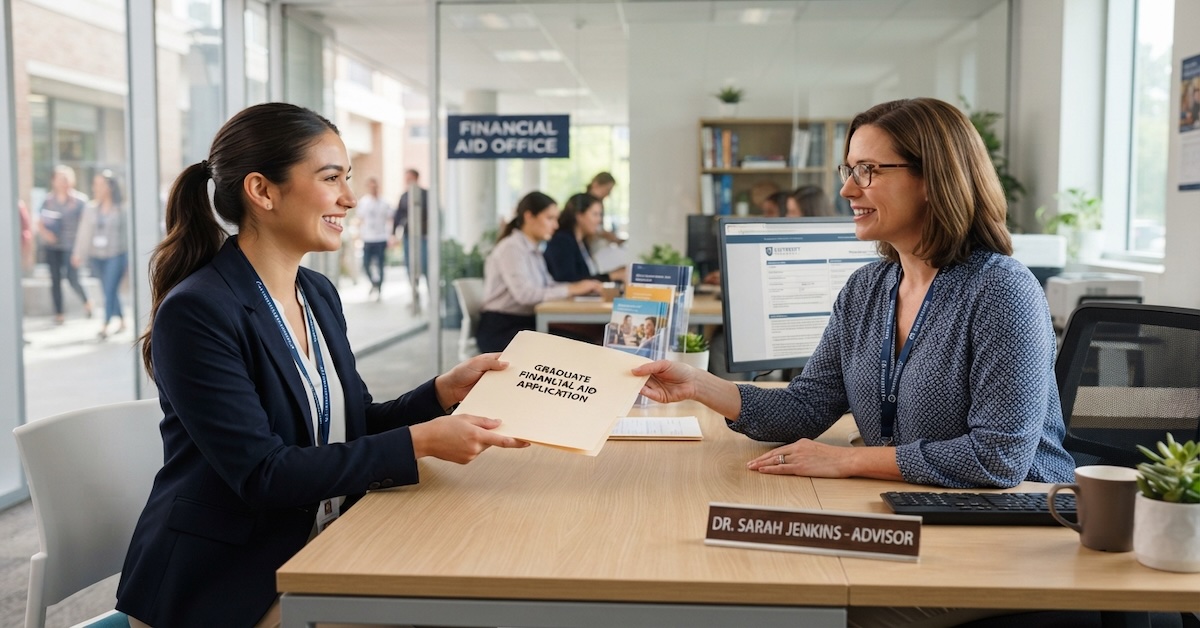 graduate student handing a financial aid application folder to an advisor in a campus office