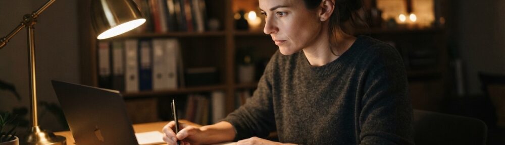 woman studying online coursework at a laptop with a notebook and desk lamp at night