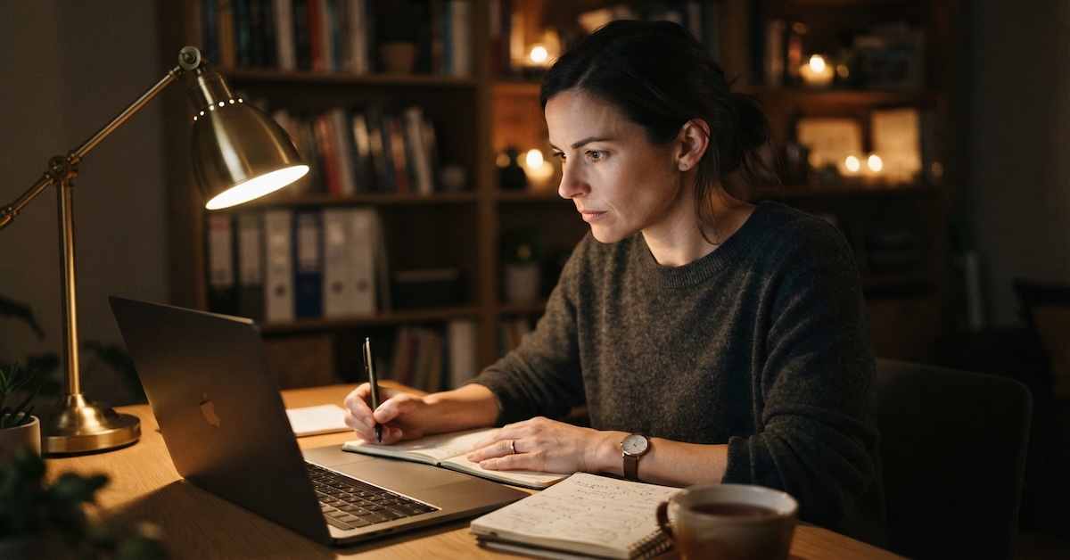 woman studying online coursework at a laptop with a notebook and desk lamp at night